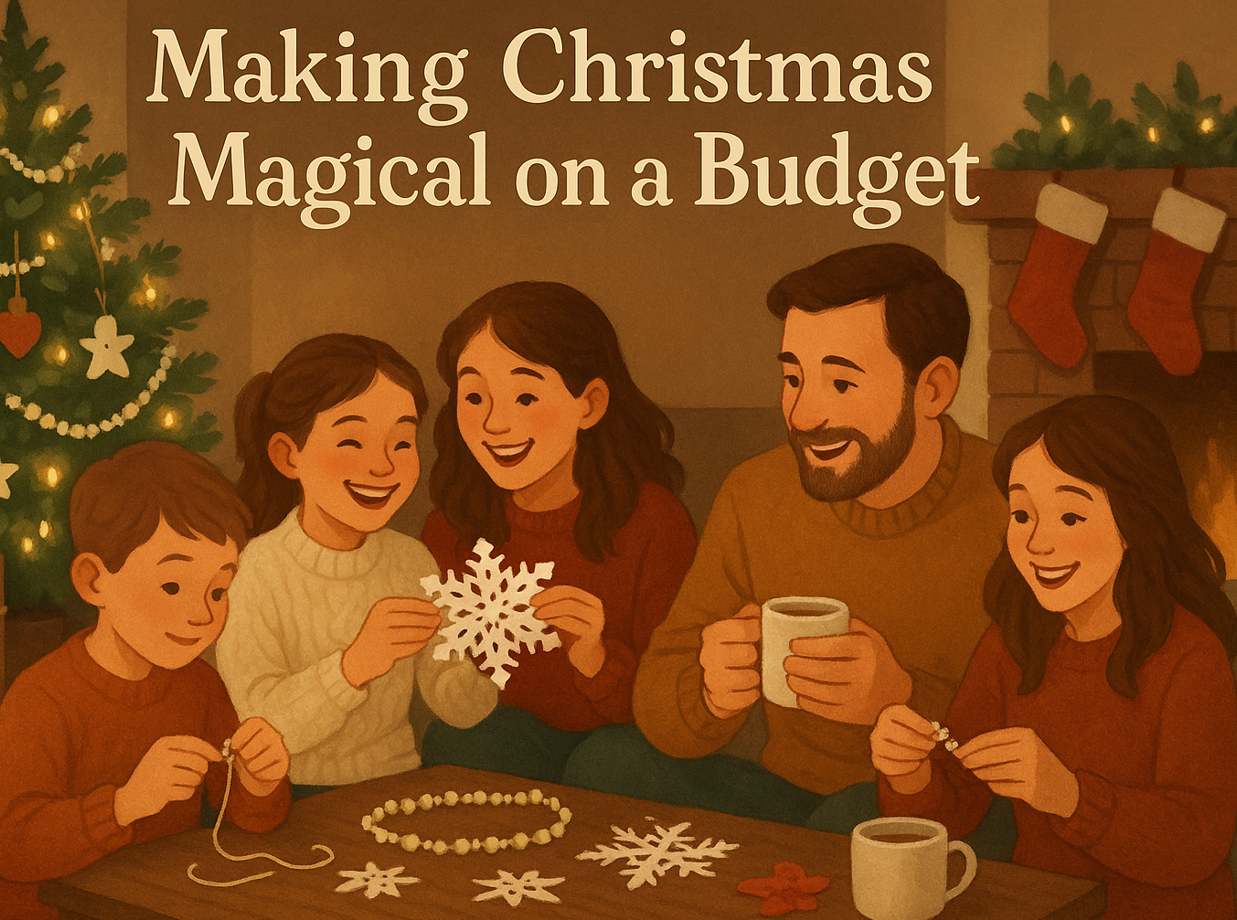 A family sitting around the table, Christmas decorations in the background, making DIY Holiday Crafts.