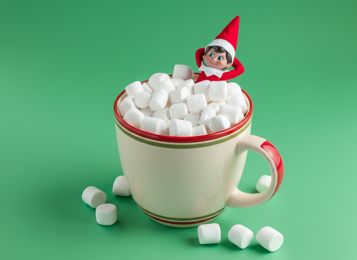 Elf on a shelf in a mug with marshmallows