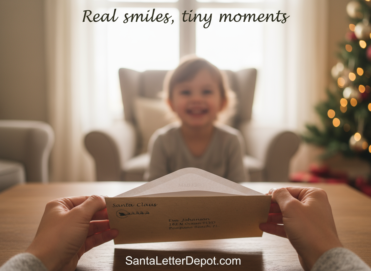 Parent surprising happy child with personalized Santa letter featuring red North Pole wax seal, Christmas morning excitement.