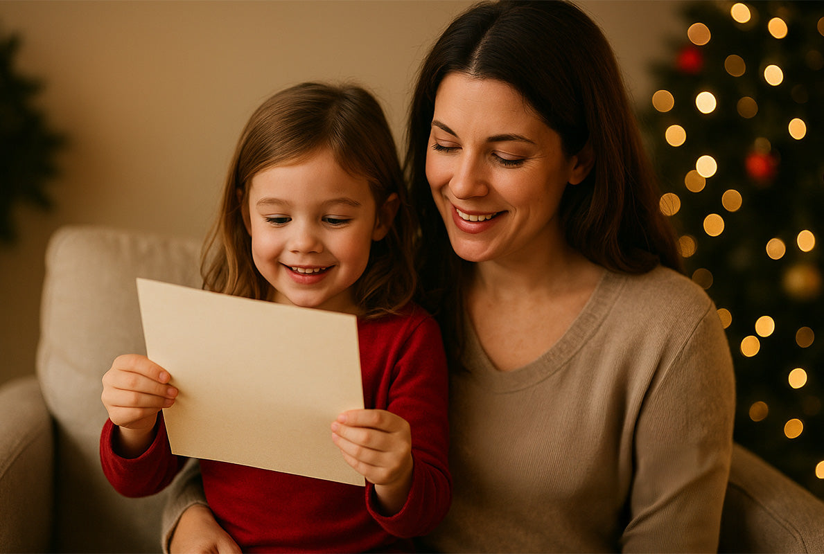 Child holding backside of an opened Santa letter, mother reading along, warm Christmas tree bokeh in the background