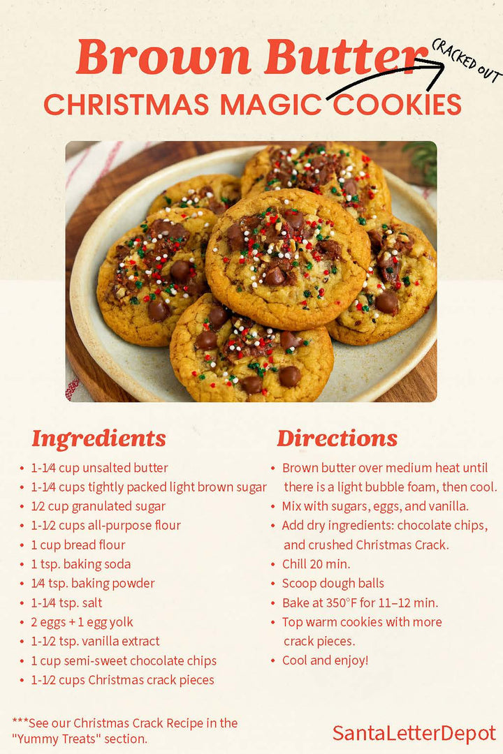 Golden brown Christmas cookies topped with chocolate chips, toffee, and red-green sprinkles on a holiday plate.