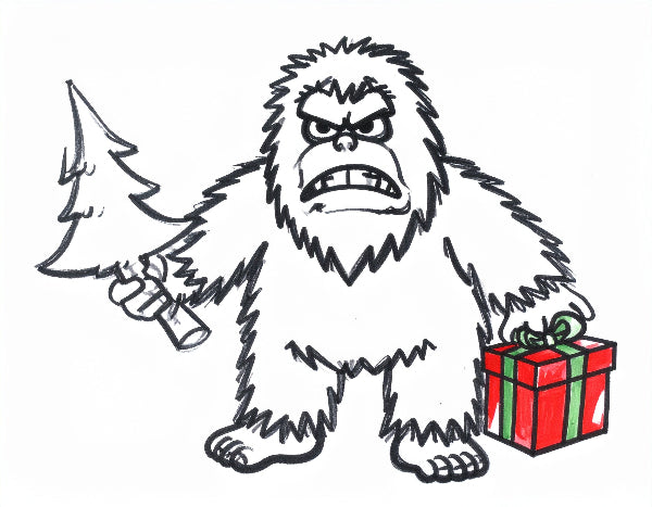 Preview of a yeti holding a Christmas tree and a gift box on a white background