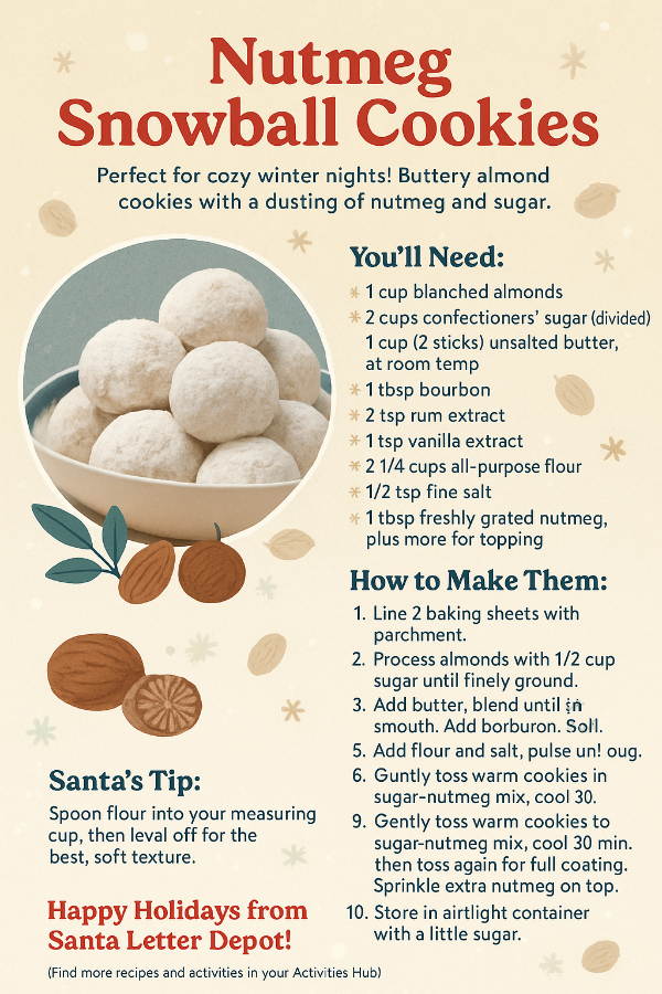 Recipe card for Nutmeg Snowball Cookies with ingredients and instructions.
