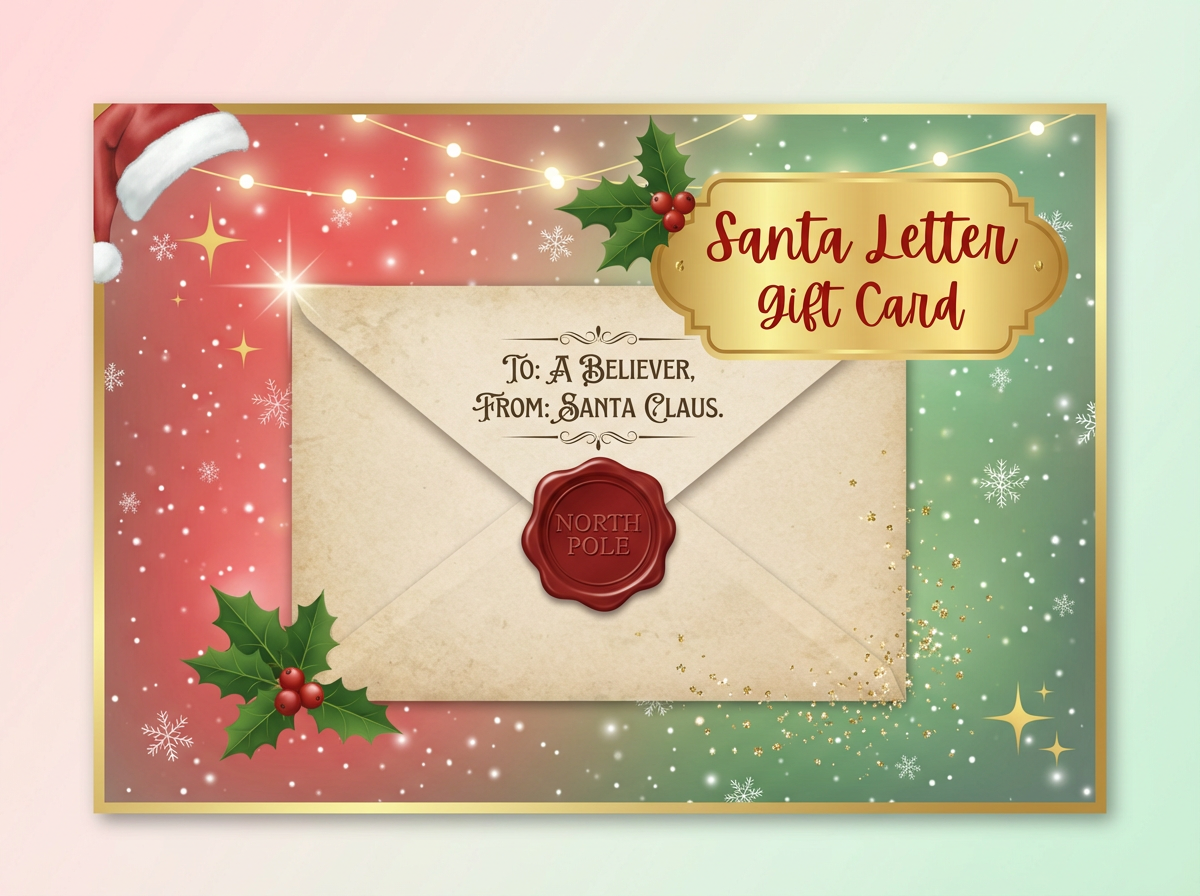 Digital Santa Letter Gift Card shown with a textured parchment envelope, red wax North Pole seal, and festive holiday background.