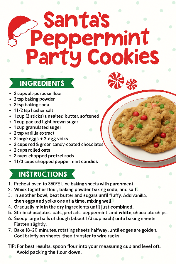 Recipe card for Santa's Peppermint Party Cookies with ingredients and instructions.