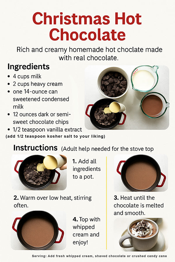 Christmas Hot Chocolate recipe infographic—ingredients, step-by-step stovetop instructions, and serving suggestions