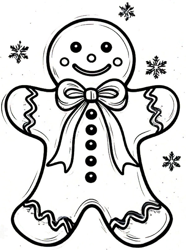 Preview of the gingerbread man Christmas coloring page for ages 4–8—clean line art with bow, buttons, and snowflakes. Click to download the printable PDF.