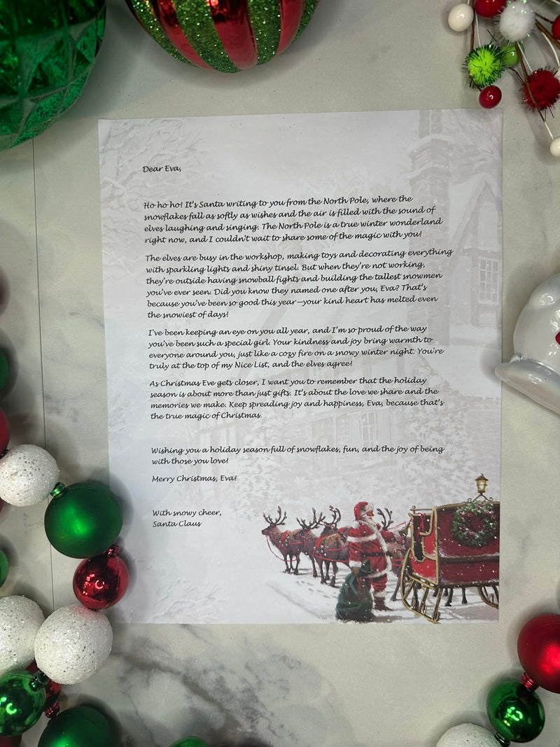 Santa letter addressed to child named Eva surrounded by red, green, and white ornaments