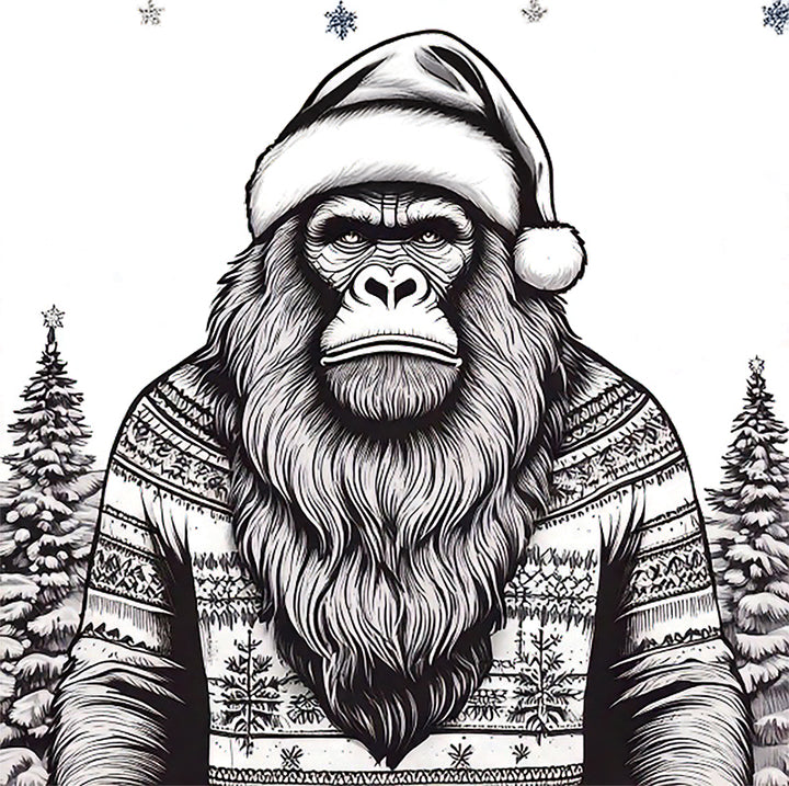 Preview of the Santa Bigfoot Christmas coloring page—clean black-and-white line art with festive sweater and hat. Click to download the free printable PDF.