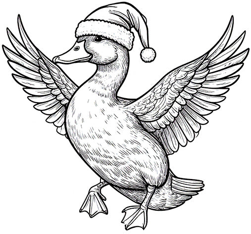 Preview of Santa duck coloring page—line-art duck wearing a Santa hat with wings spread; printable Christmas PDF for kids.
