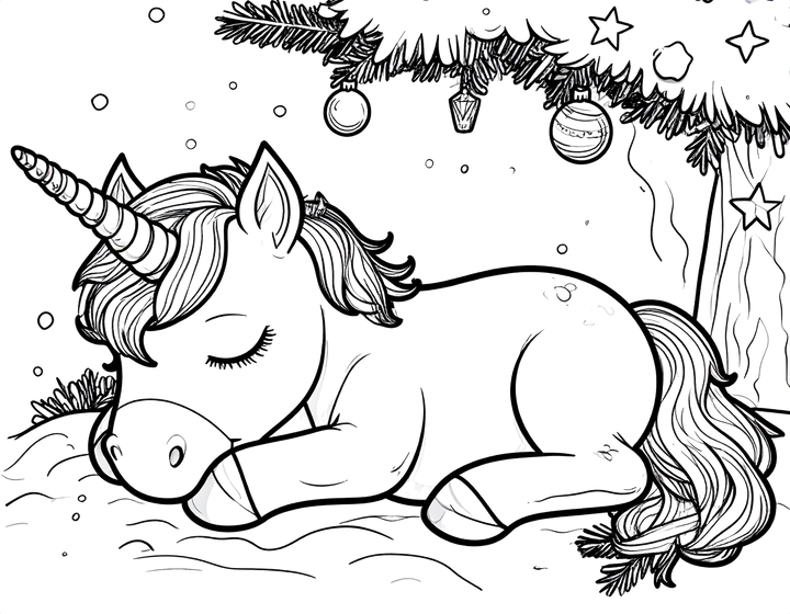Preview of the sleeping unicorn Christmas coloring page for ages 4–8—simple black-and-white line art under a holiday tree. Click to download the printable PDF.