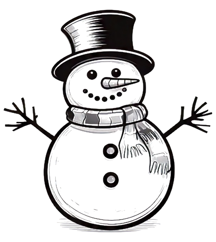 Preview of the snowman Christmas coloring page for ages 4–8—clean line art with top hat, scarf, and carrot nose. Click to download the printable PDF.