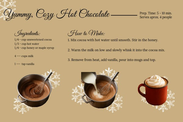 Mug of creamy hot cocoa topped with whipped cream and marshmallows — Cozy Cocoa printable recipe.